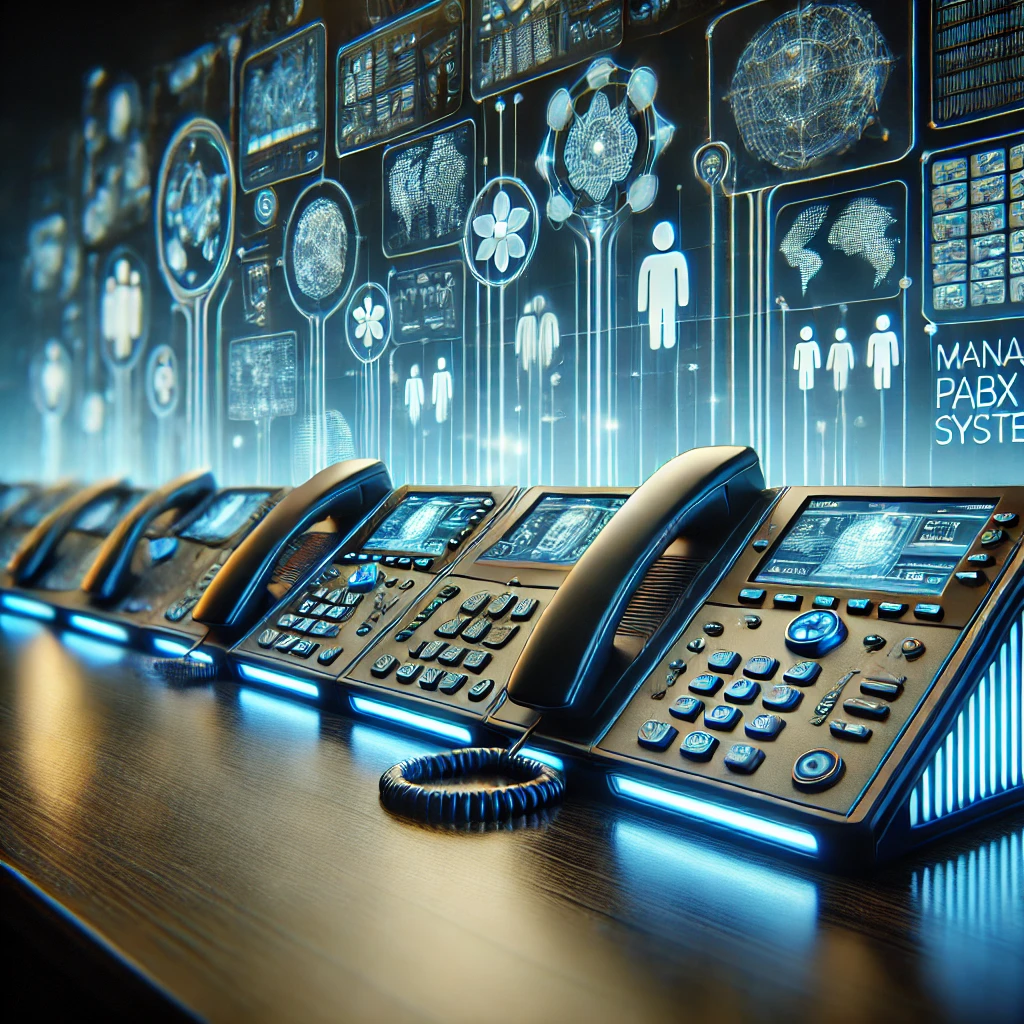 Managed PABX A collection of modern IP phones in a sleek, high-tech office environment, symbolizing managed PABX services for efficient and scalable business communication.